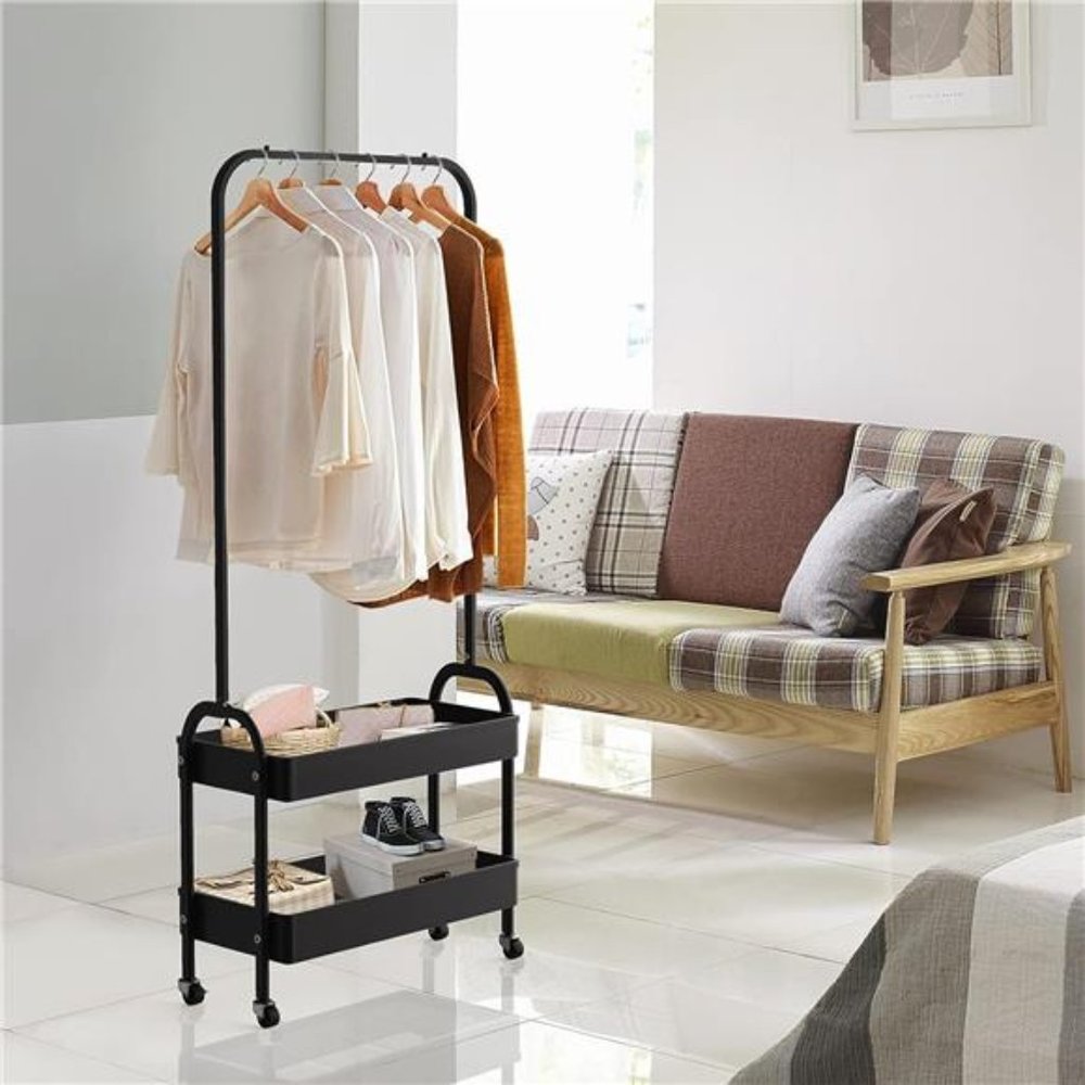Portable Garment Rack Rolling Clothes Organizer with 2 Tier Metal Baskets, Black